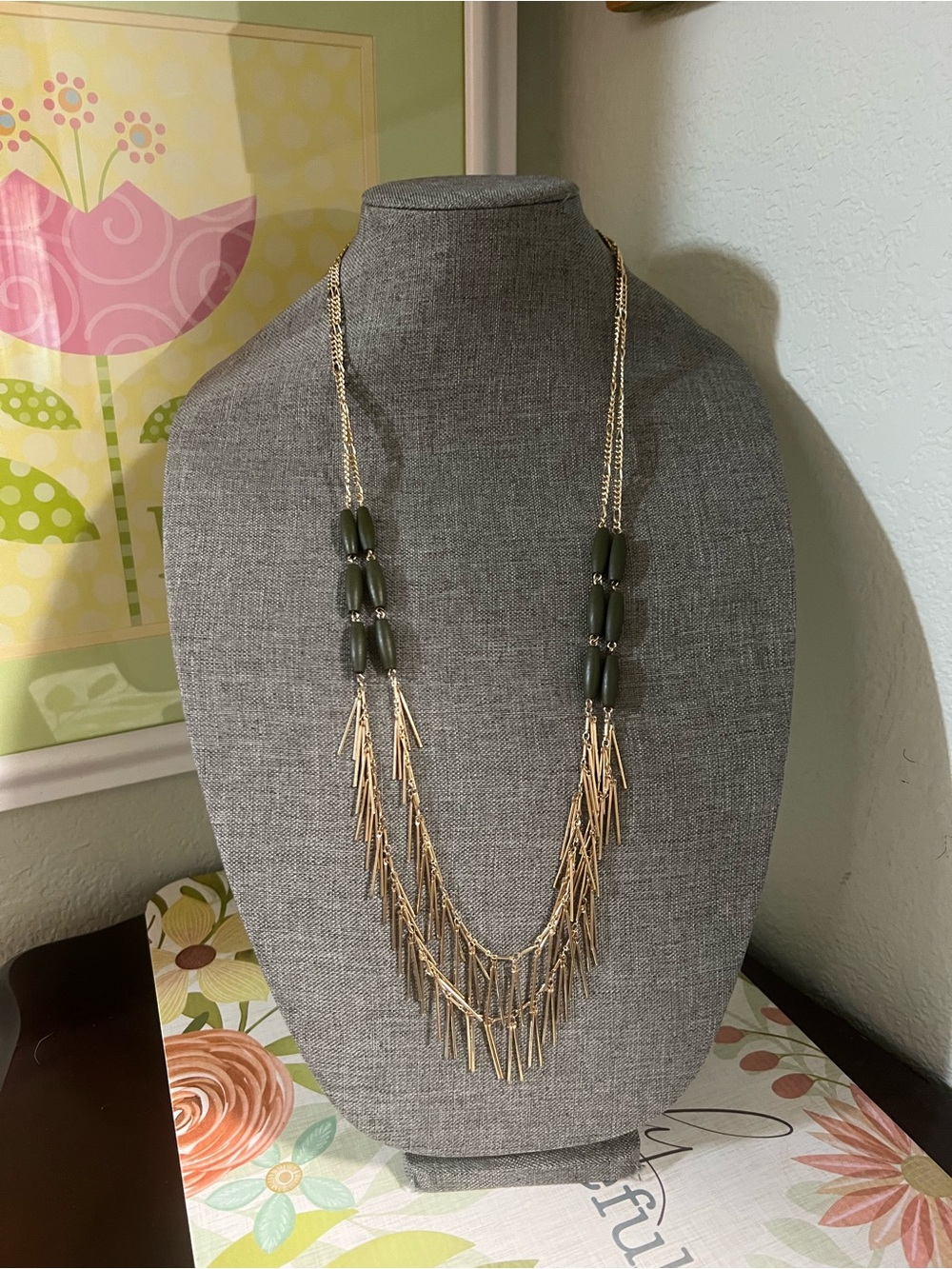 Artisan Gold-Tone Multi Strand Necklace with Olive Green Beads #JW6